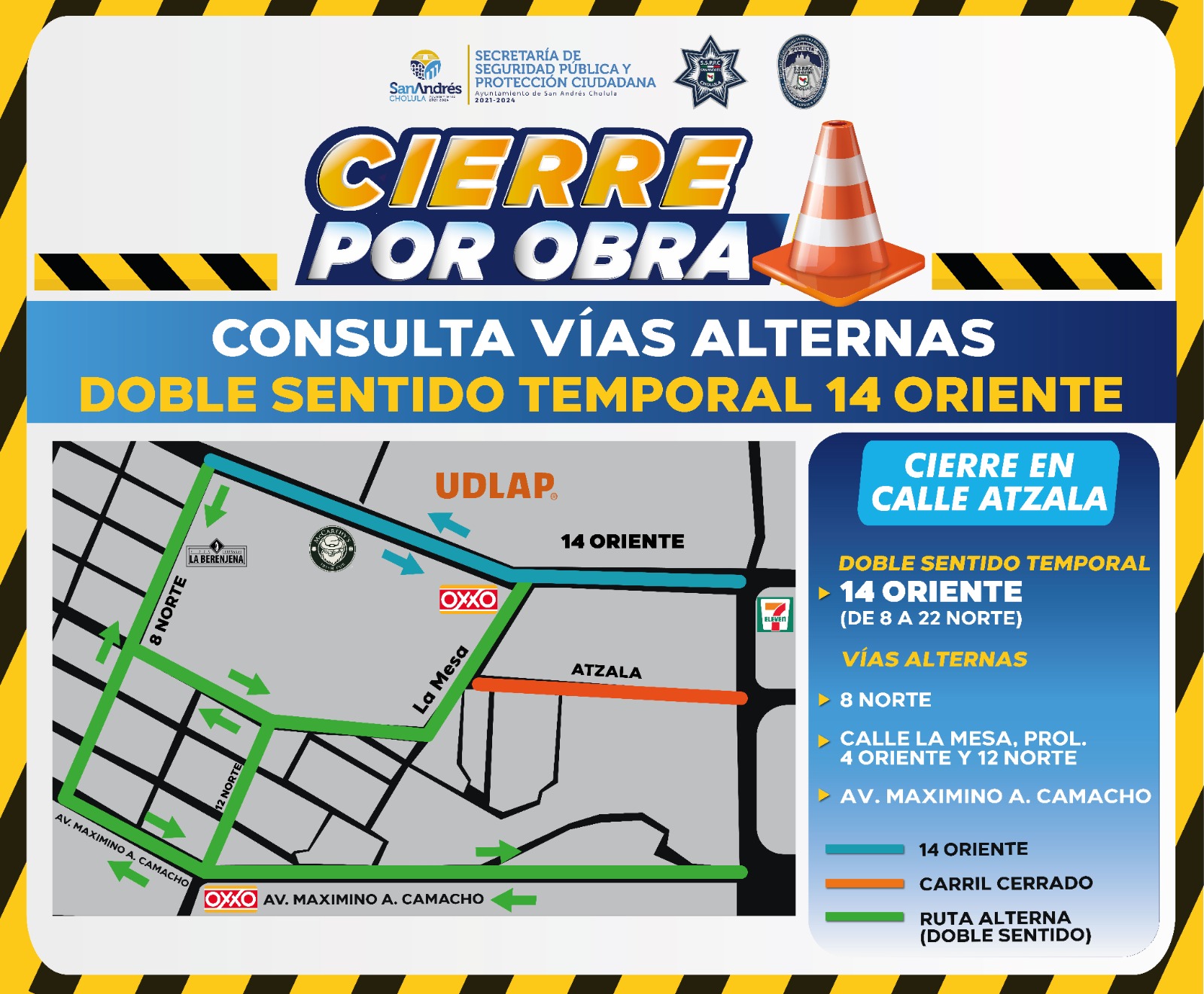 Activa San Andrés Cholula doble sentido temporal en la 14 oriente ante cierres de circulación por obras