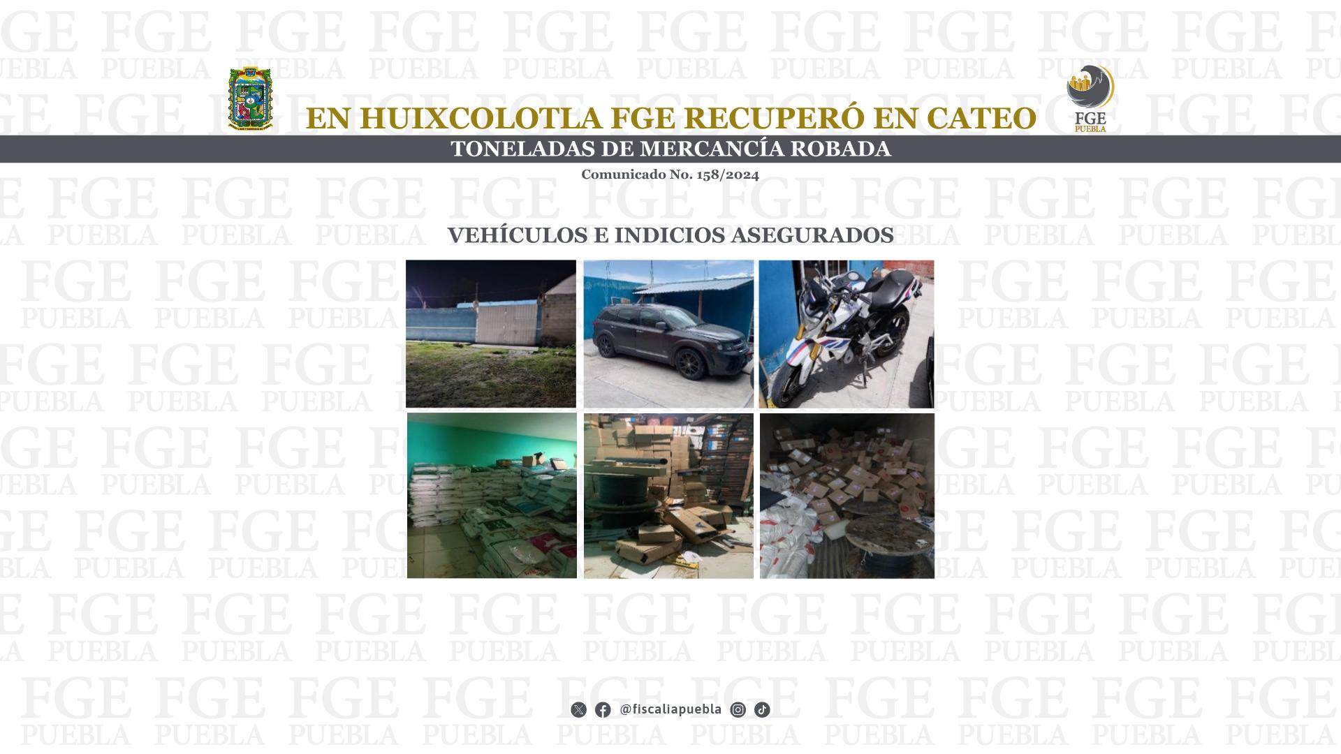 Cateo en Puebla asegura vehículos y mercancía robada; Fiscalía investiga