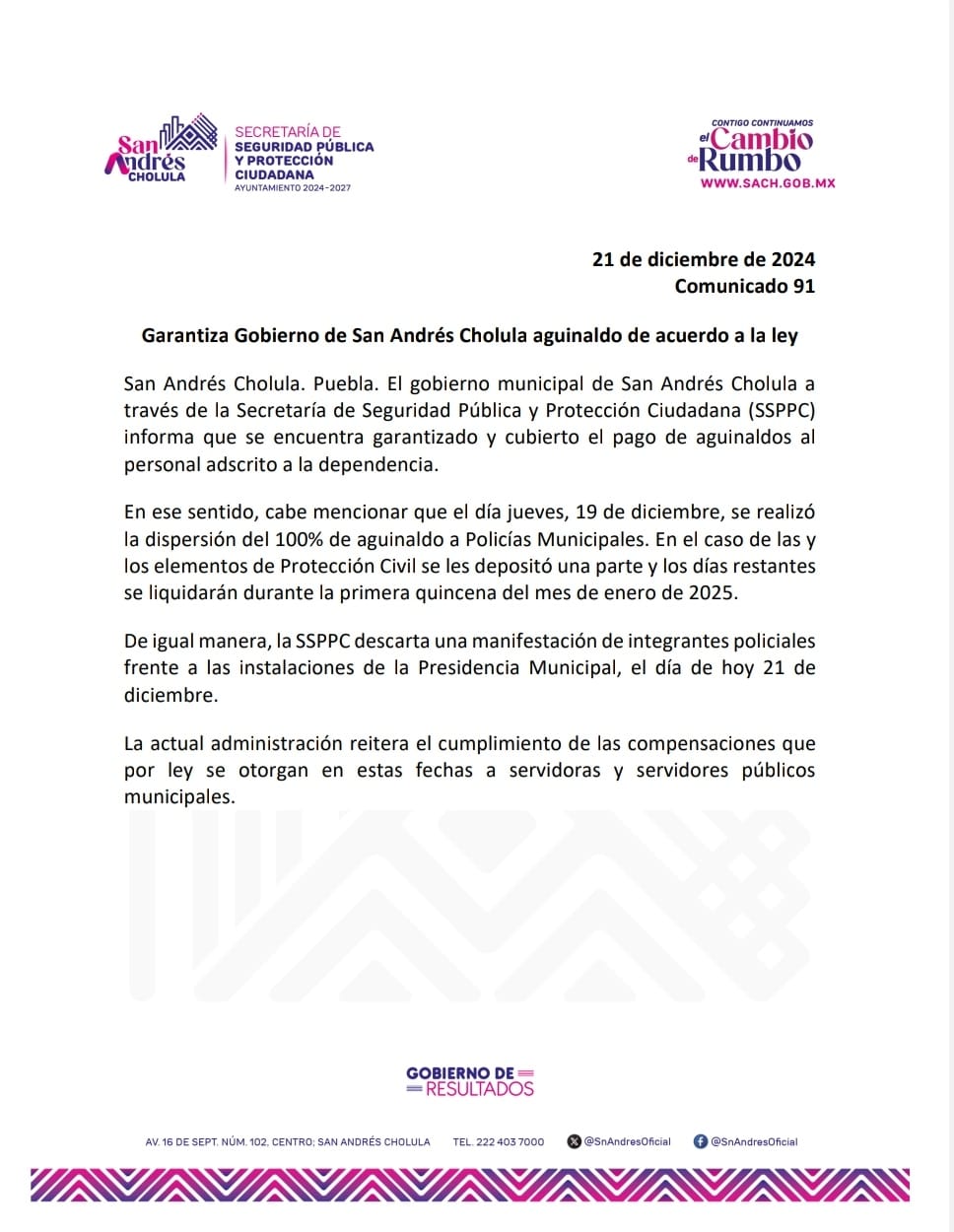 Garantiza Gobierno de San Andrés Cholula aguinaldo de acuerdo a la ley