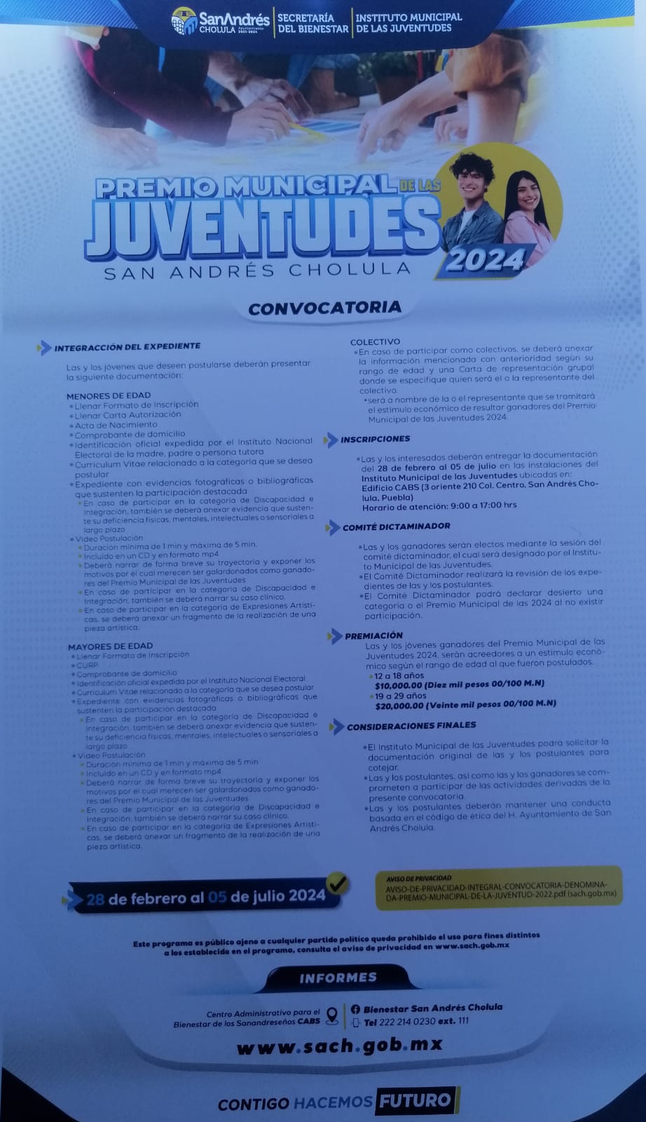 Emiten convocatoria para el “Premio Municipal de las Juventudes 2024”