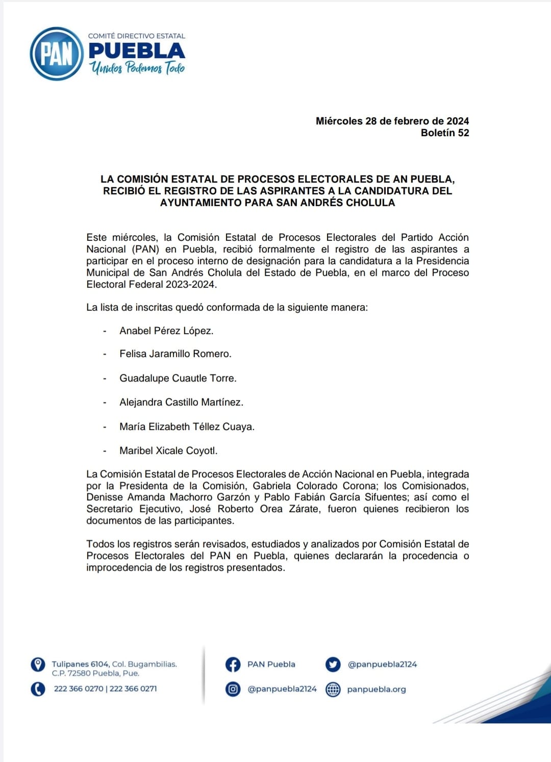 PAN presenta a seis candidatas para la presidencia municipal de San Andrés Cholula