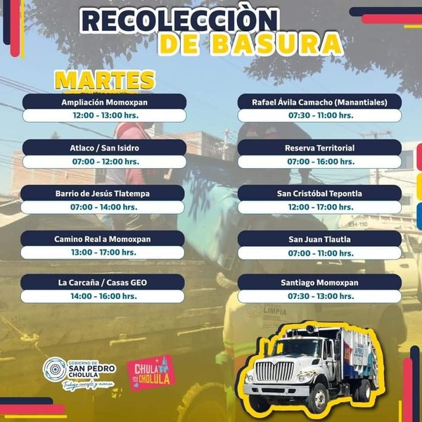 San Pedro Cholula implementa prueba piloto con nuevos horarios y días de recolección de basura 
