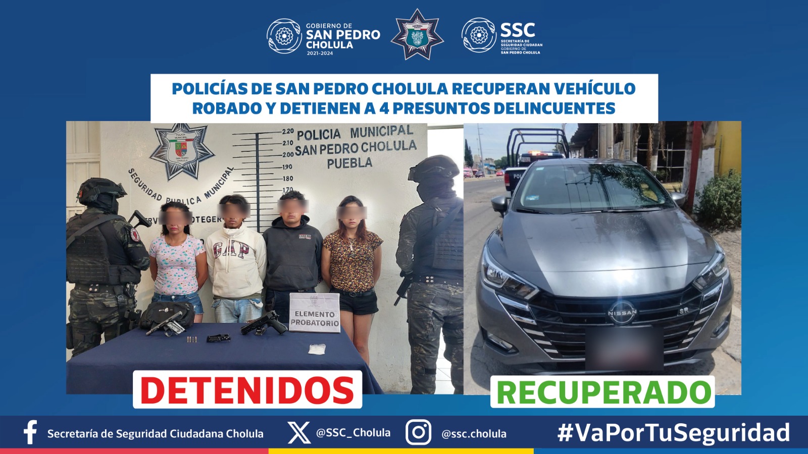 Policías de San Pedro Cholula recuperan vehículo robado y detienen a 4 presuntos delincuentes
