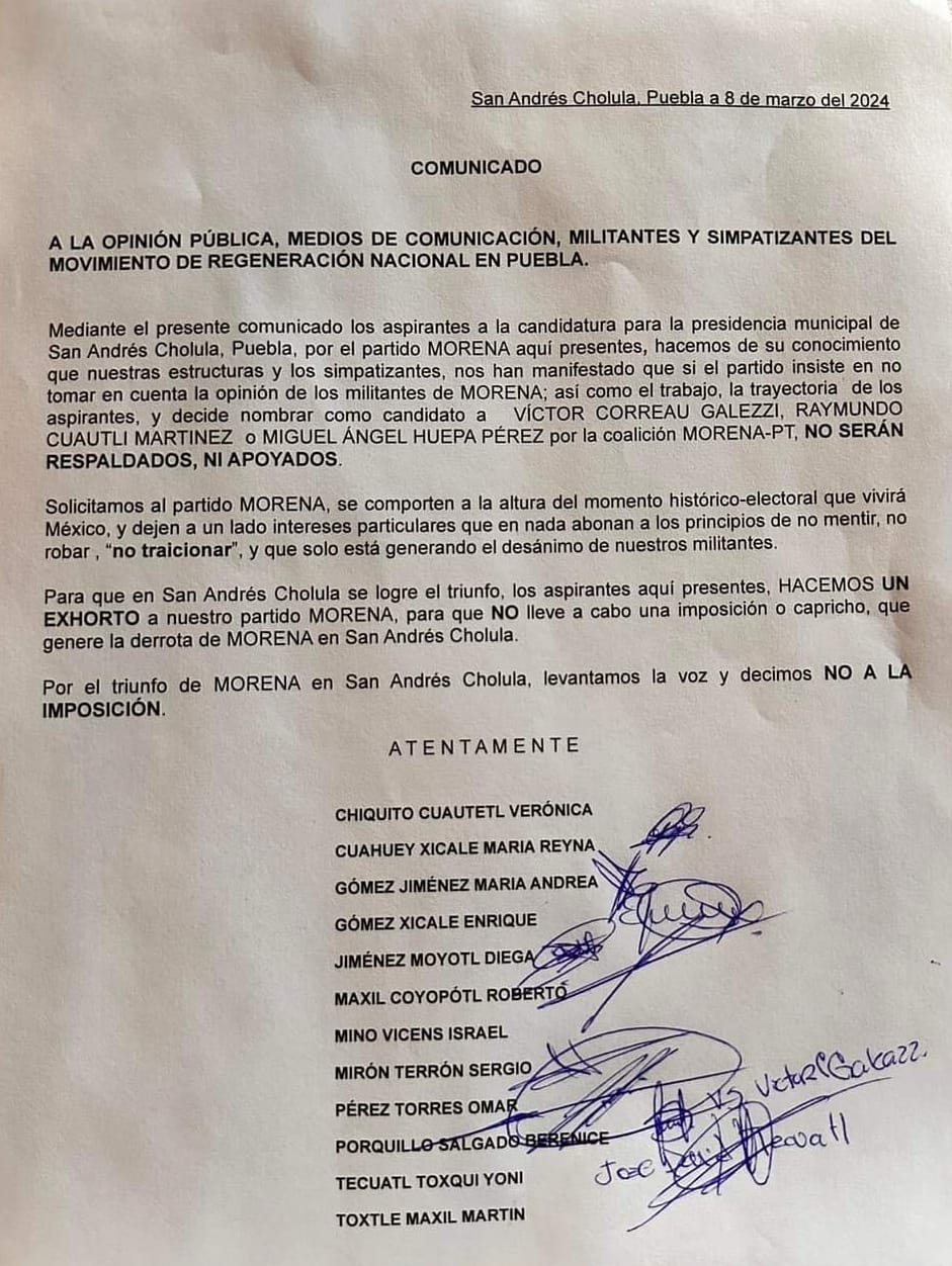 Aspirates a la lcaldia de San Andrés Cholula lanzan exhorto a Morena por unidad y no imposición
