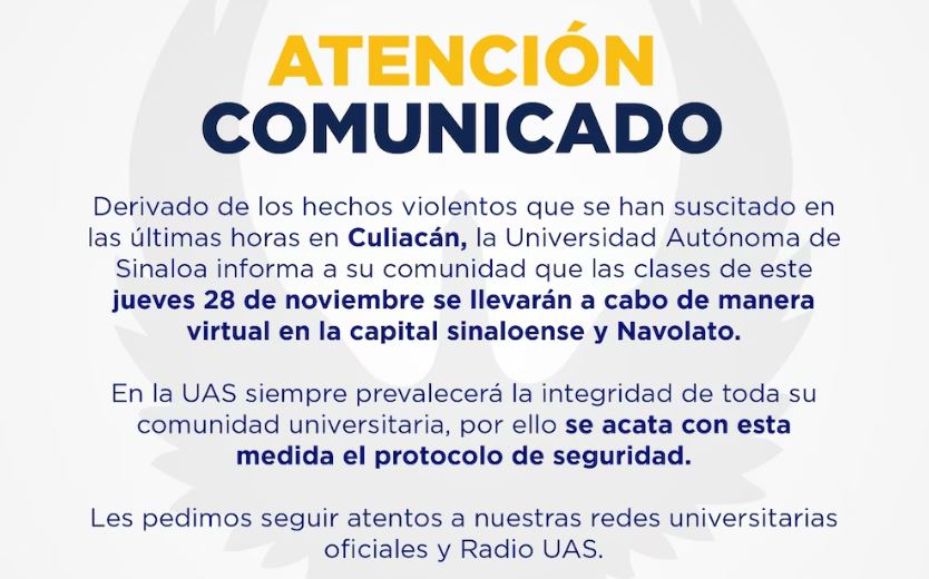 UAS suspende clases presenciales en Culiacán y Navolato por violencia