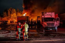 Incendio intencional destruye 13 tractocamiones de una frutería en Tijuana