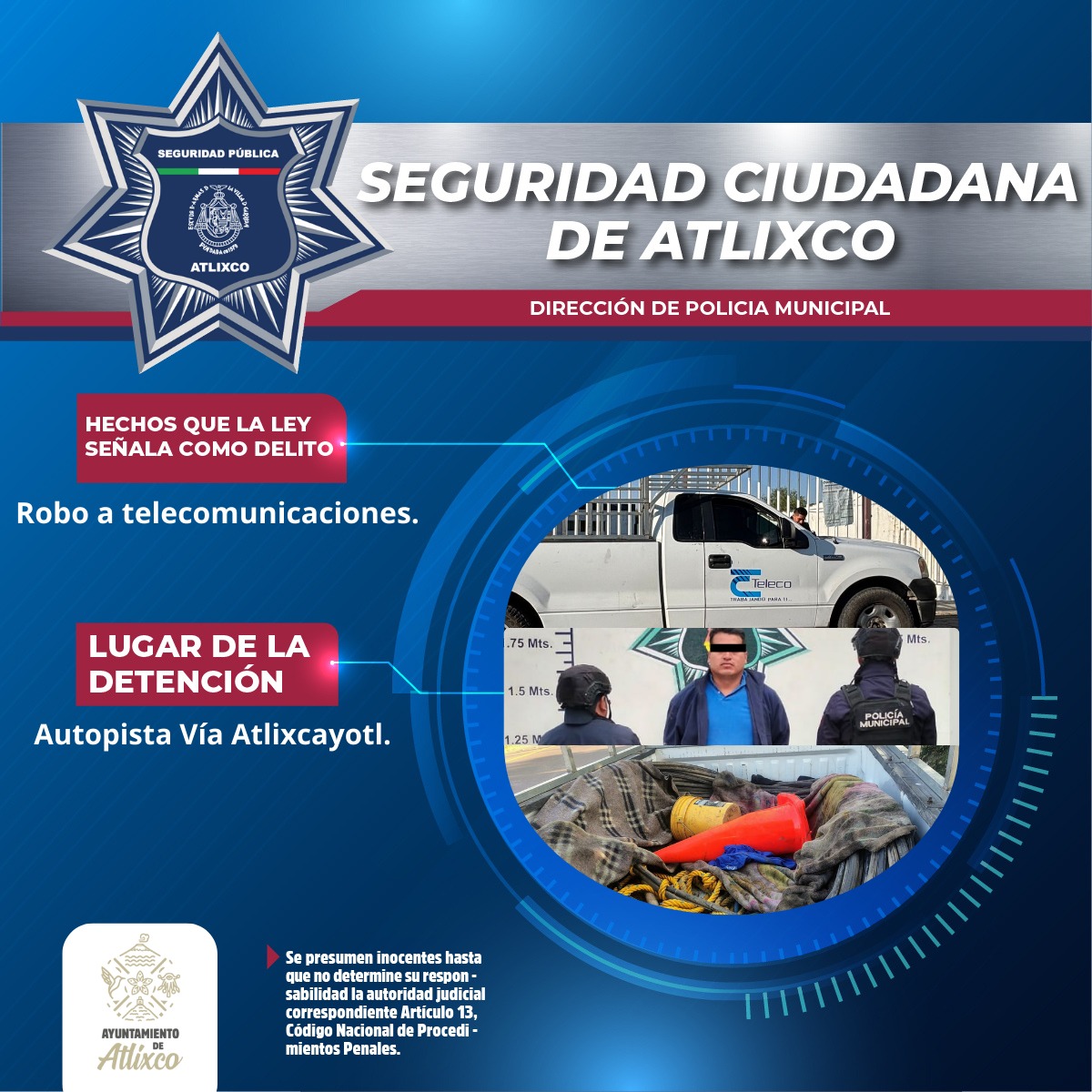 Policía de Atlixco frena robo de cable y asegura vehículo tras persecución