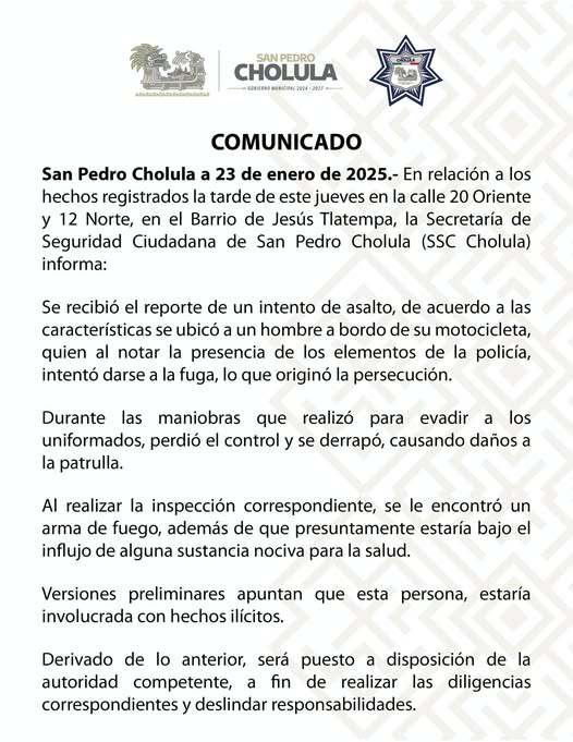 Detienen a ladrón de motocicleta en San Pedro Cholula tras persecución