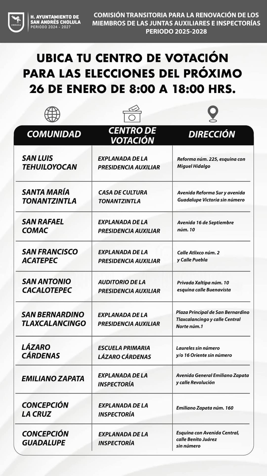Inicia en completo orden la jornada de votación en juntas auxiliares e inspectorías de San Andrés Cholula