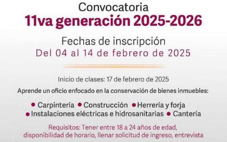 Inscripciones abiertas para la Onceava Generación de la Escuela Taller de Restauración en Puebla