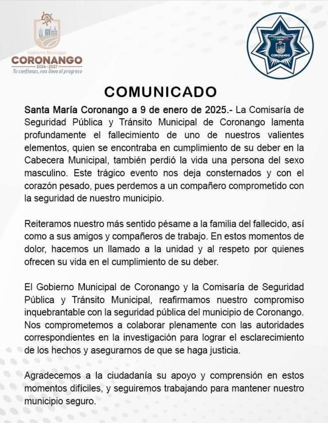 lamenta coronango fallecimiento de policía 1234