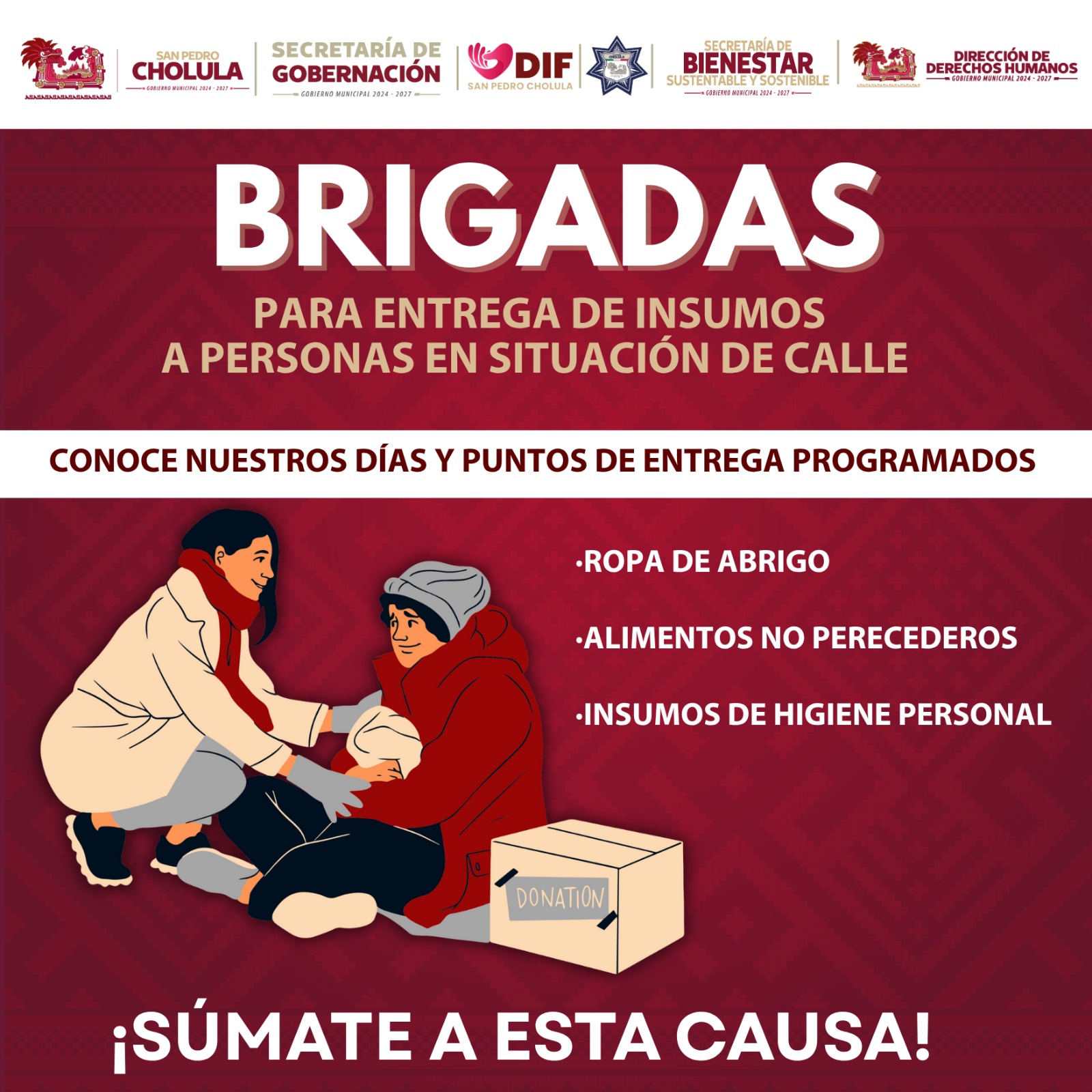 Lanza San Pedro Cholula campaña de acopio en apoyo a personas en situación de calle