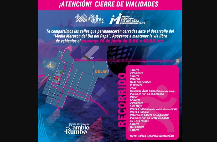 Operativo vial por el Medio Maratón del Día del Padre en San Andrés Cholula