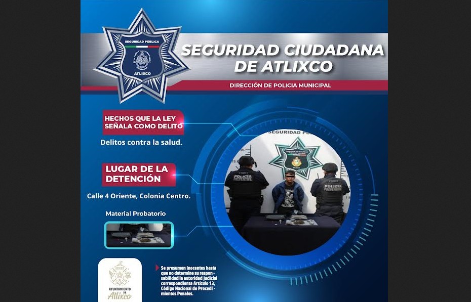 Detienen a joven con droga durante operativo en Atlixco