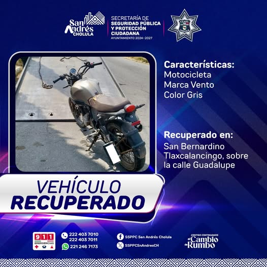Recuperan motocicleta con reporte de robo en Tlaxcalancingo