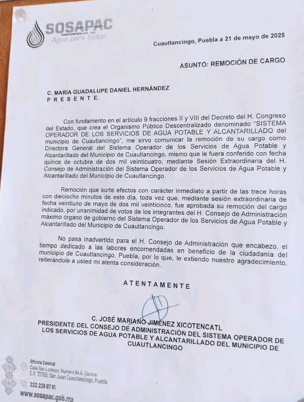 En Sesión Extraordinaria de Consejo piden remoción de titular del Sosapac en Cuautlancingo 