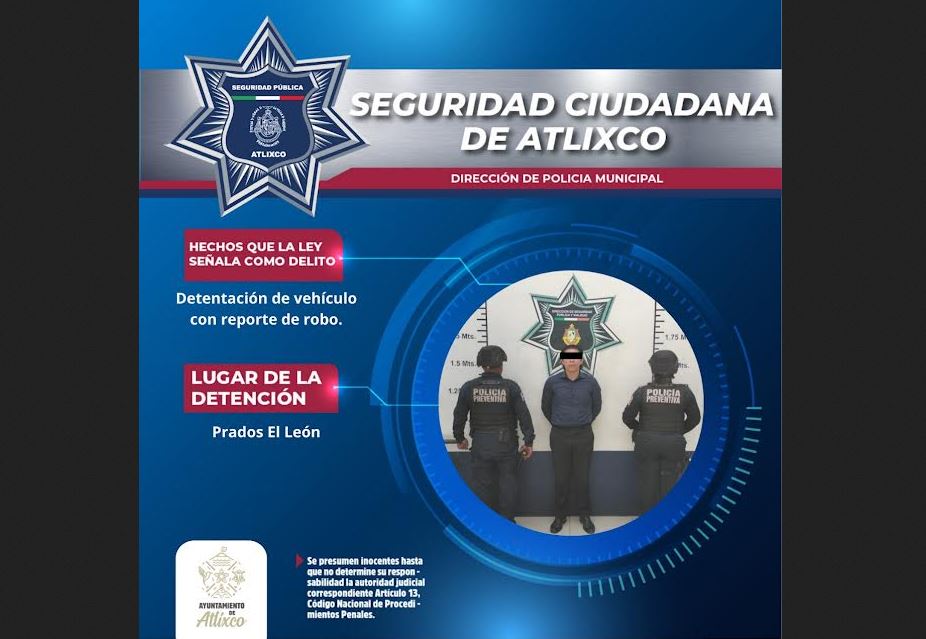 Tecnología de seguridad permite recuperar vehículo robado en Atlixco
