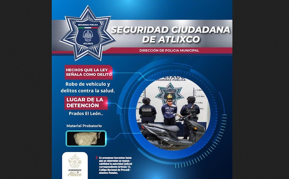 Detienen a hombre con moto robada en Atlixco