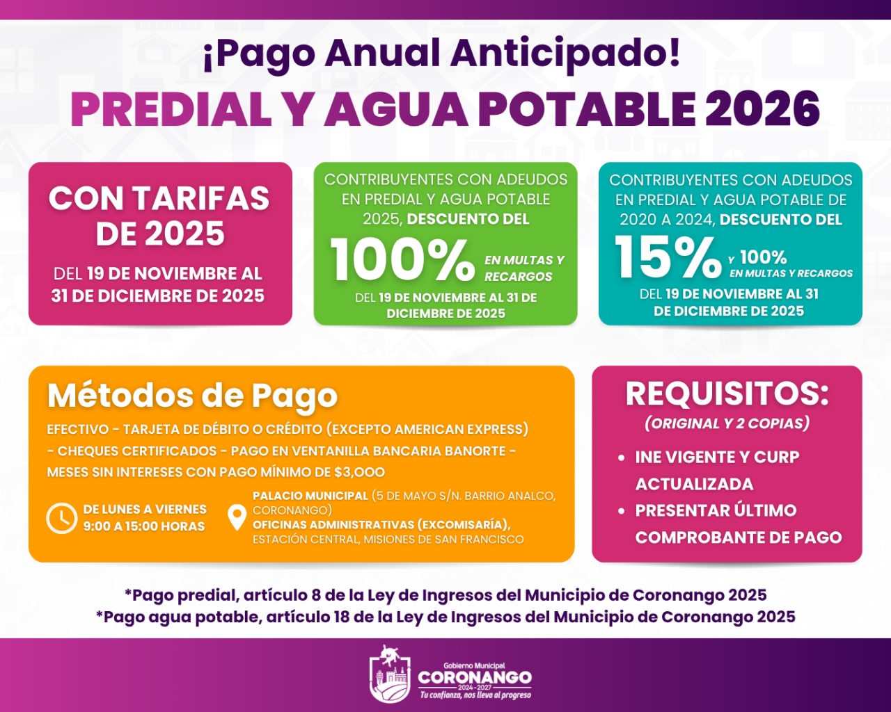 Con tarifas 2025 y descuentos, Coronango arrancará pago de predial y agua potable