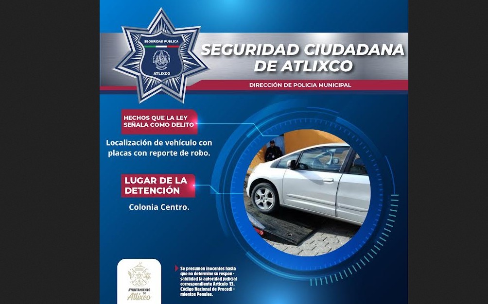 Policía de Atlixco detecta vehículo con placas robadas