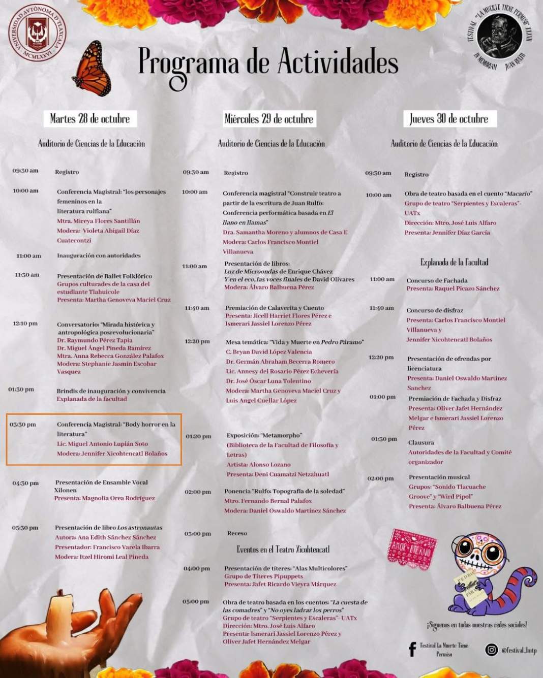 Festival “La muerte tiene permiso” 2025 honra a Juan Rulfo en Tlaxcala