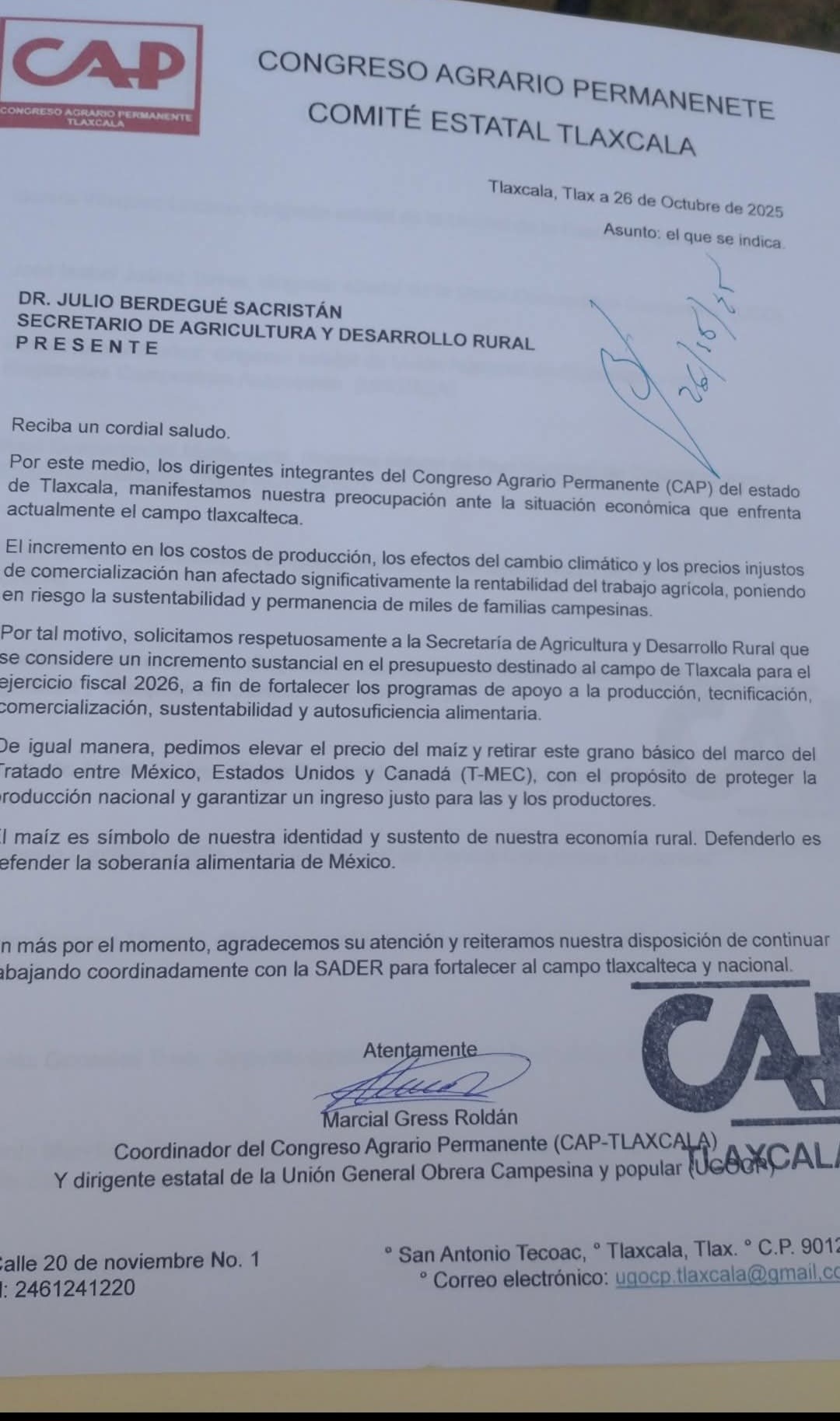 Solicita CAP a Federación incremento al presupuesto para campo tlaxcalteca en 2026