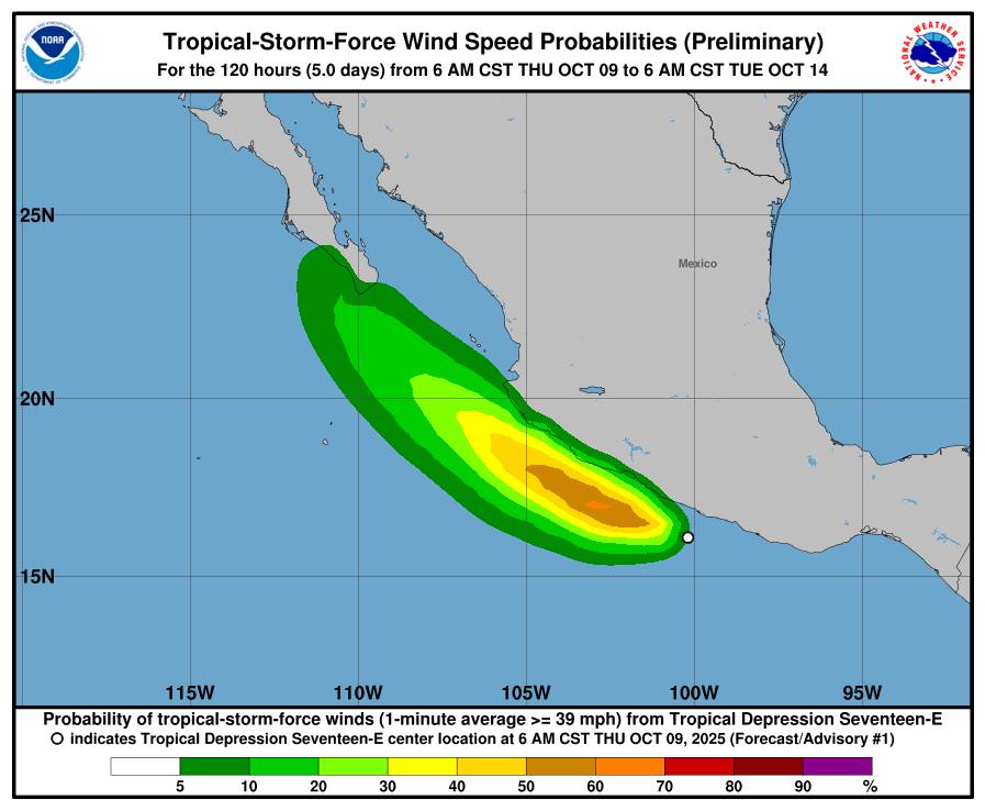 Depresión tropical Diecisiete-E provocará lluvias torrenciales en Guerrero y Michoacán