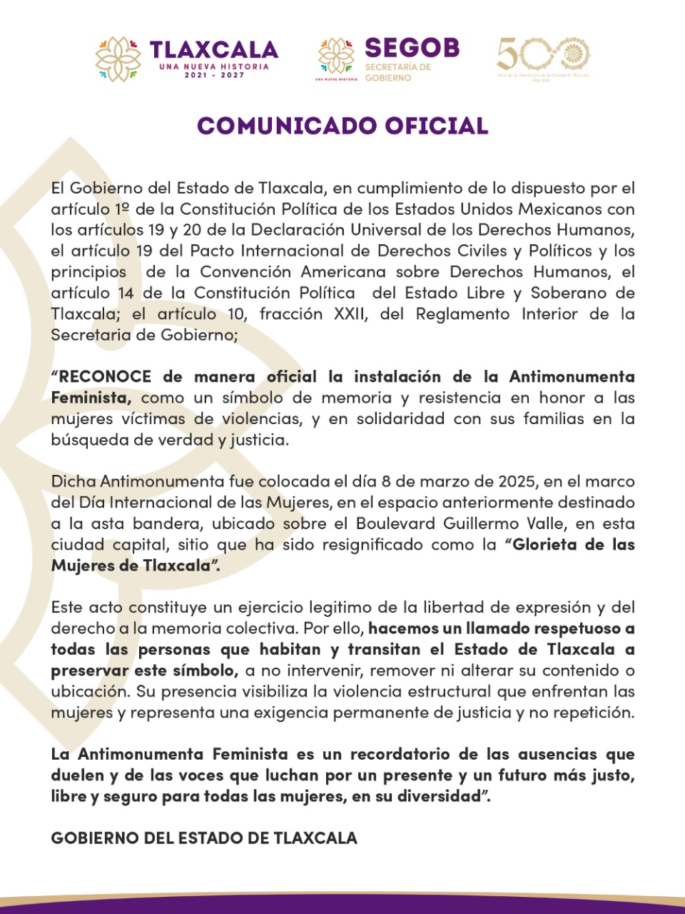 Tlaxcala reconoce oficialmente la Antimonumenta Feminista como símbolo de justicia