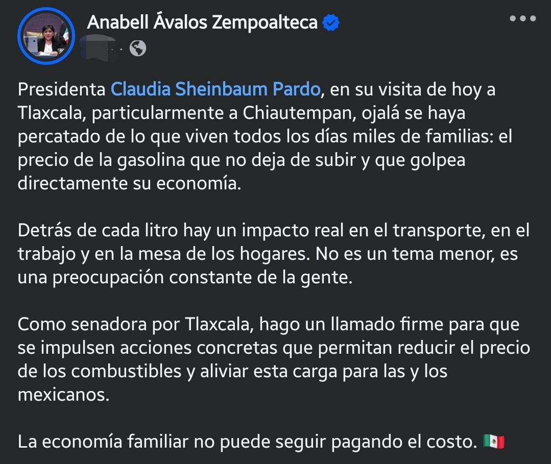 Increpa Senadora del PRI a Claudia Sheinbaum: " La economía familiar no puede seguir pagando el costo"