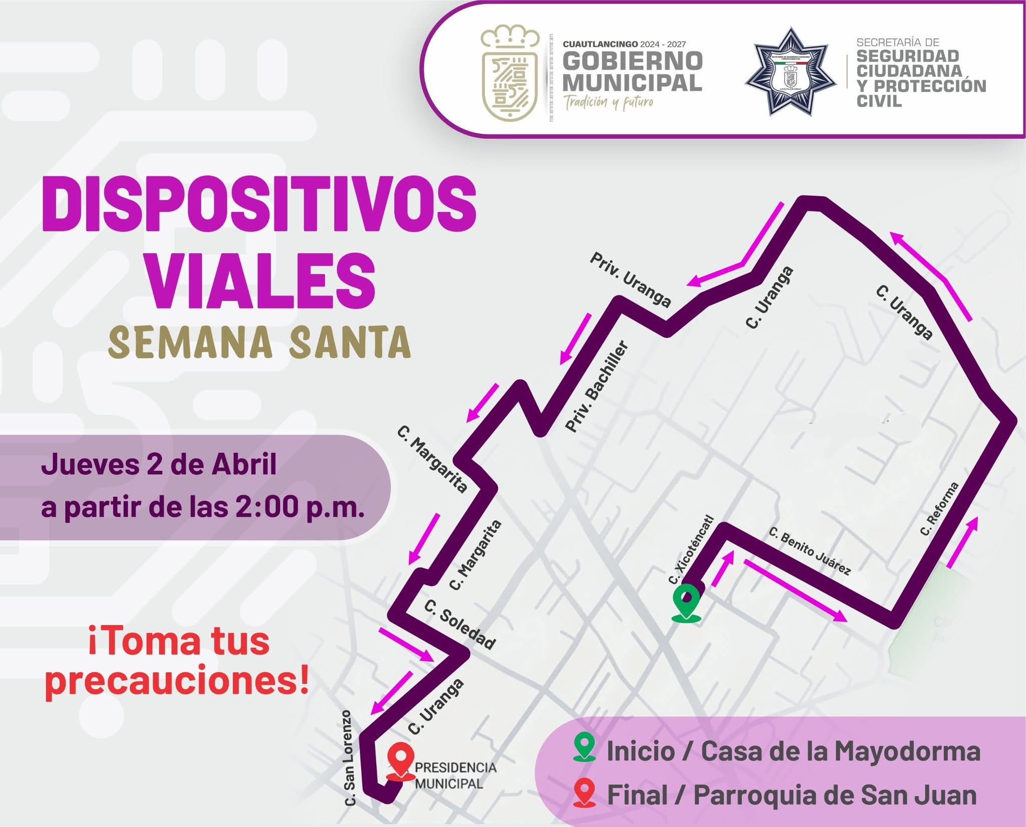 Anuncian cierres viales en Cuautlancingo por actividades de Semana Santa 2026