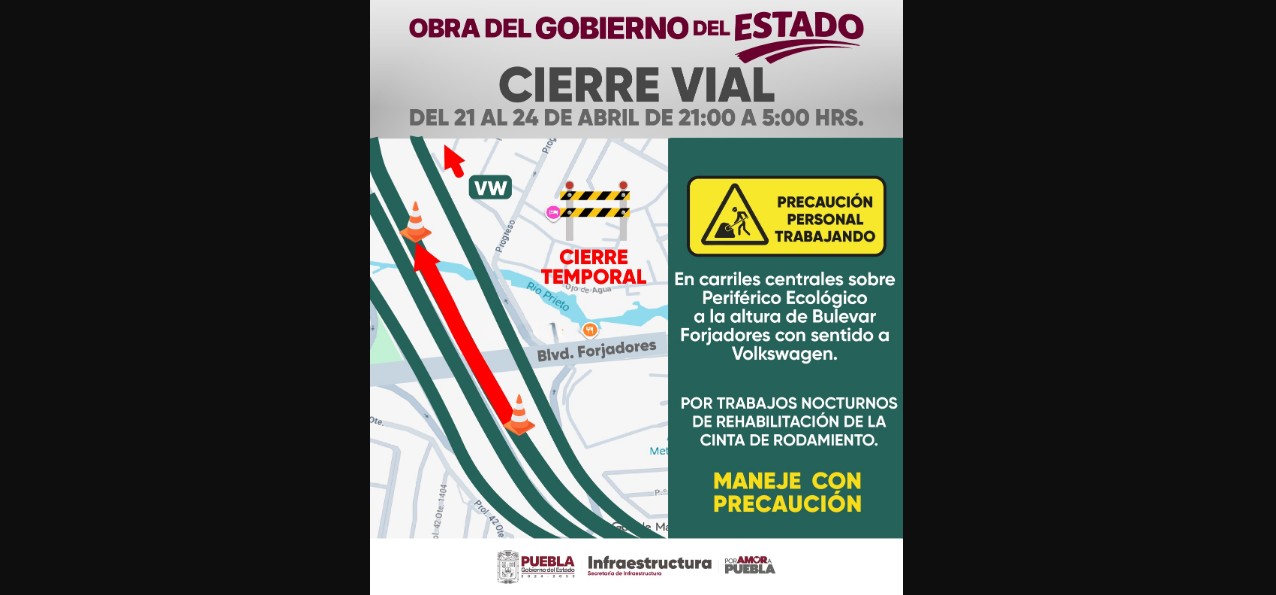 Conductores deberán tomar precauciones por trabajos nocturnos en zona clave de Puebla