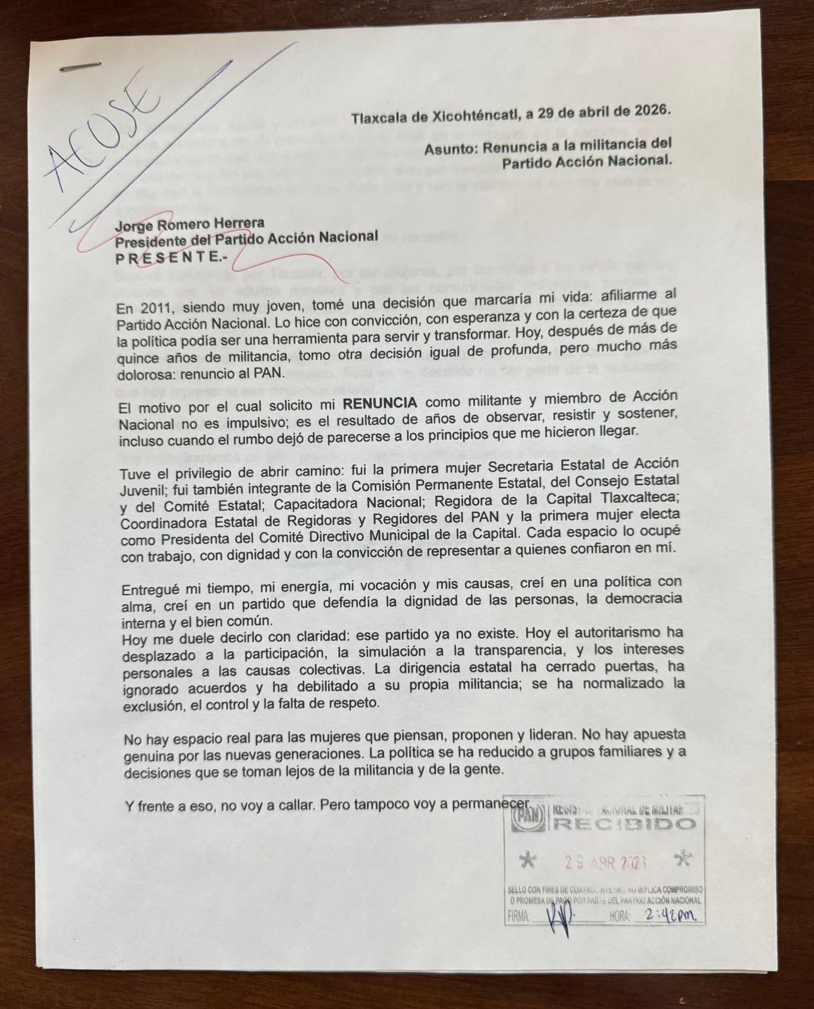 Renuncia Mirza Amaral al PAN; acusa a la dirigencia de convertir al partido en una "franquicia familiar"