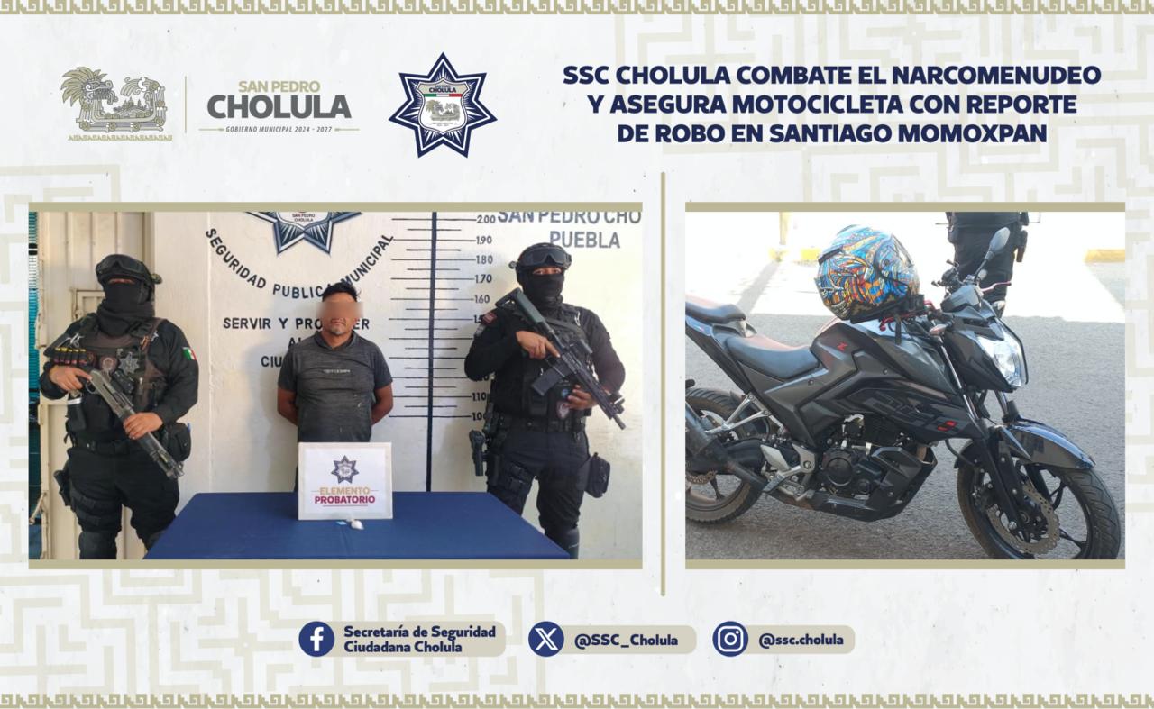 SSC Cholula combate el narcomenudeo y asegura motocicleta con reporte de robo en Santiago Momoxpan