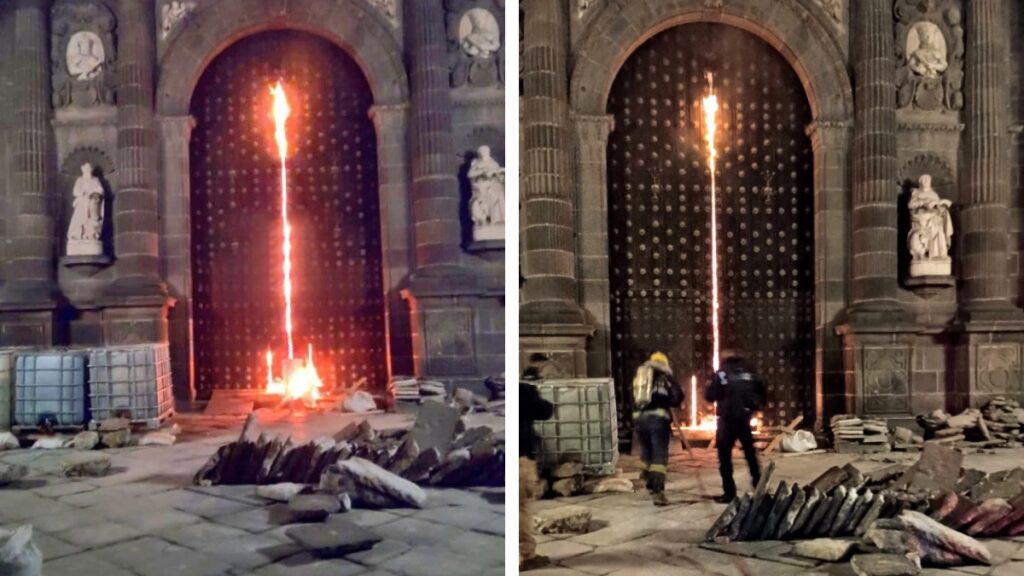 Avanzan investigaciones por incendio en puerta de la Catedral; hay un presunto responsable identificado