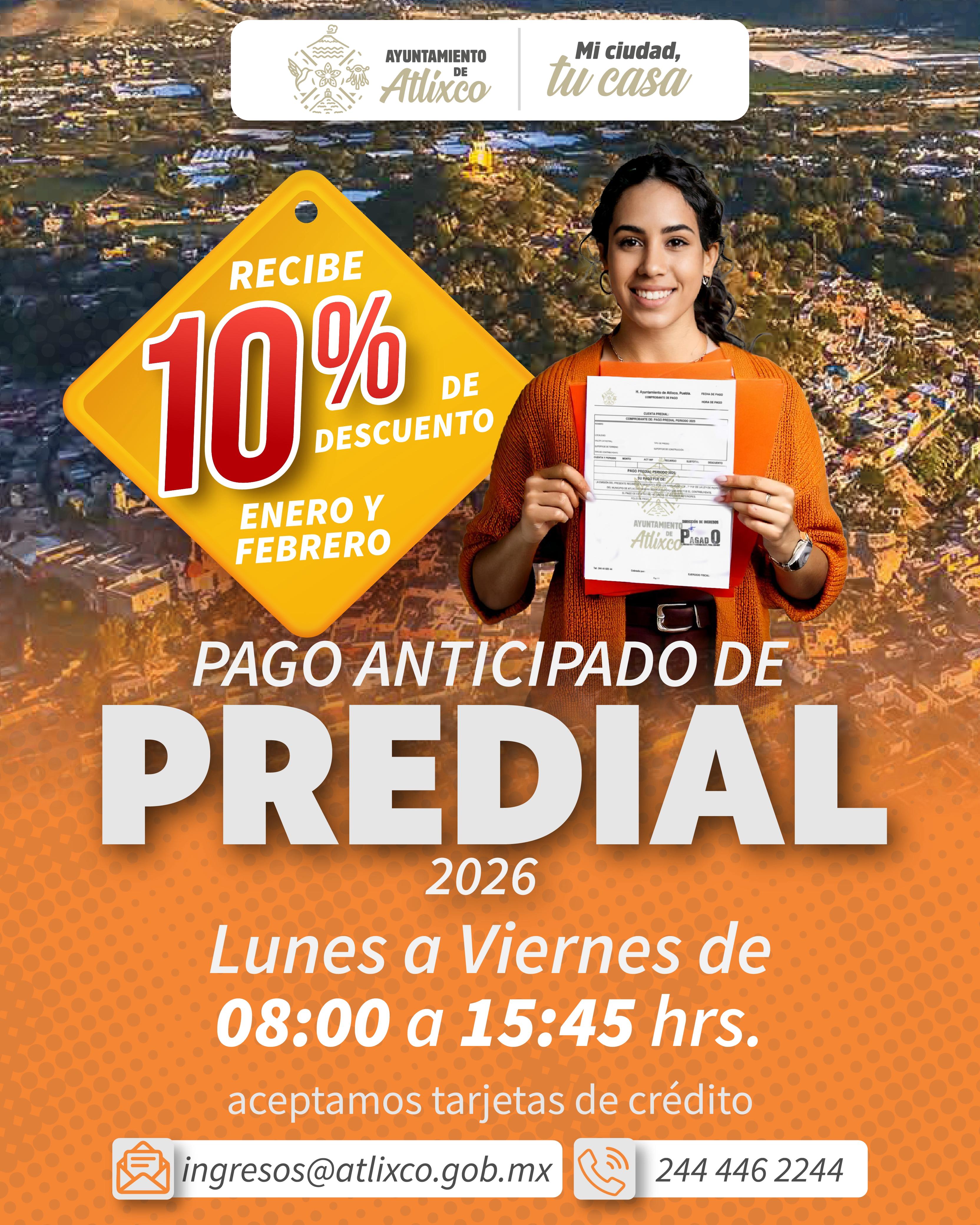 Atlixco aplica 10% de descuento en el pago del predial durante enero