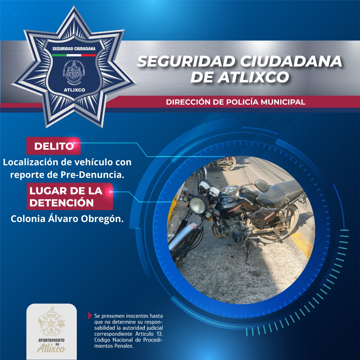 SSC de Atlixco asegura motocicleta con predenuncia de robo en Álvaro Obregón