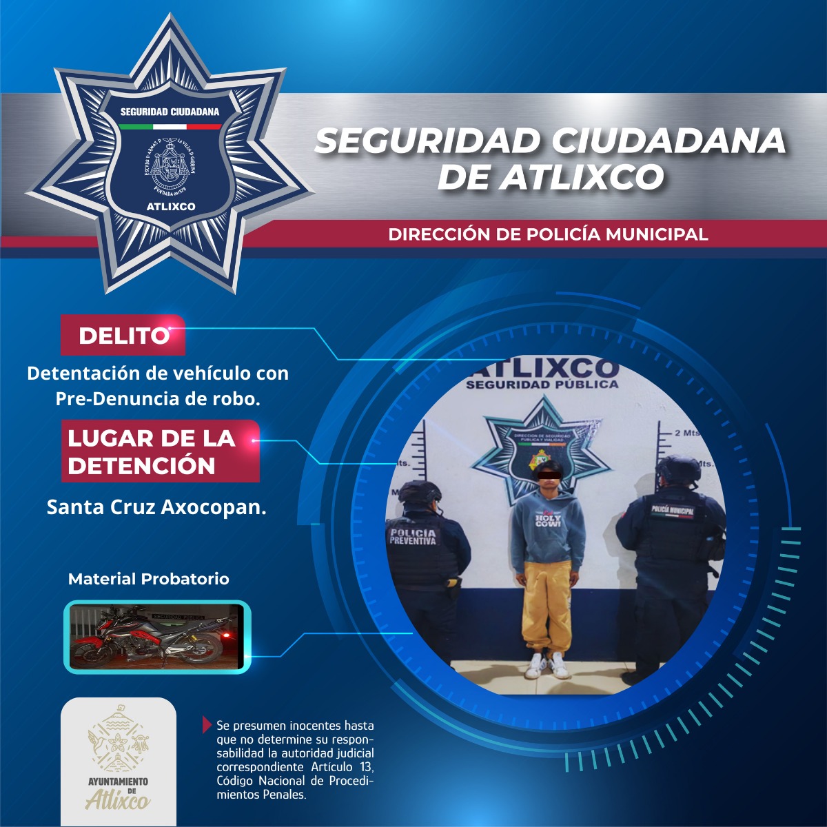 SSC de Atlixco recupera motocicleta robada y asegura a un masculino en Axocopan