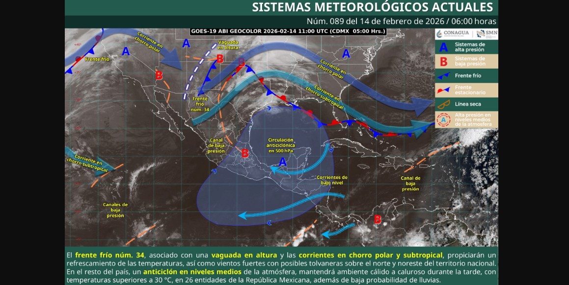 Frente frío 34 provoca vientos y contraste térmico en México