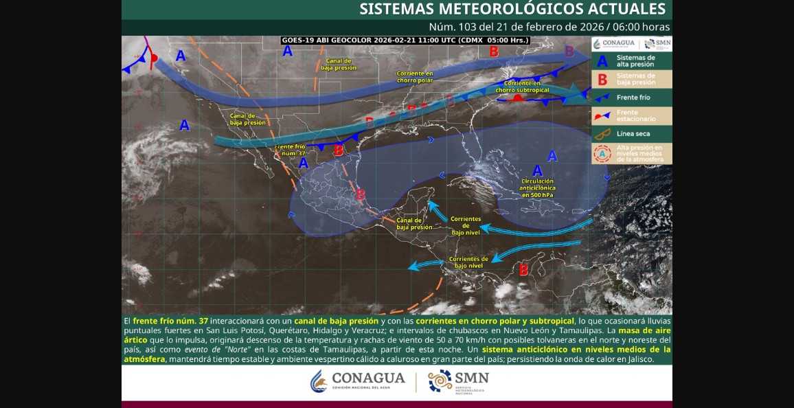 Frente frío 37 provoca lluvias y fuertes vientos en el norte y noreste