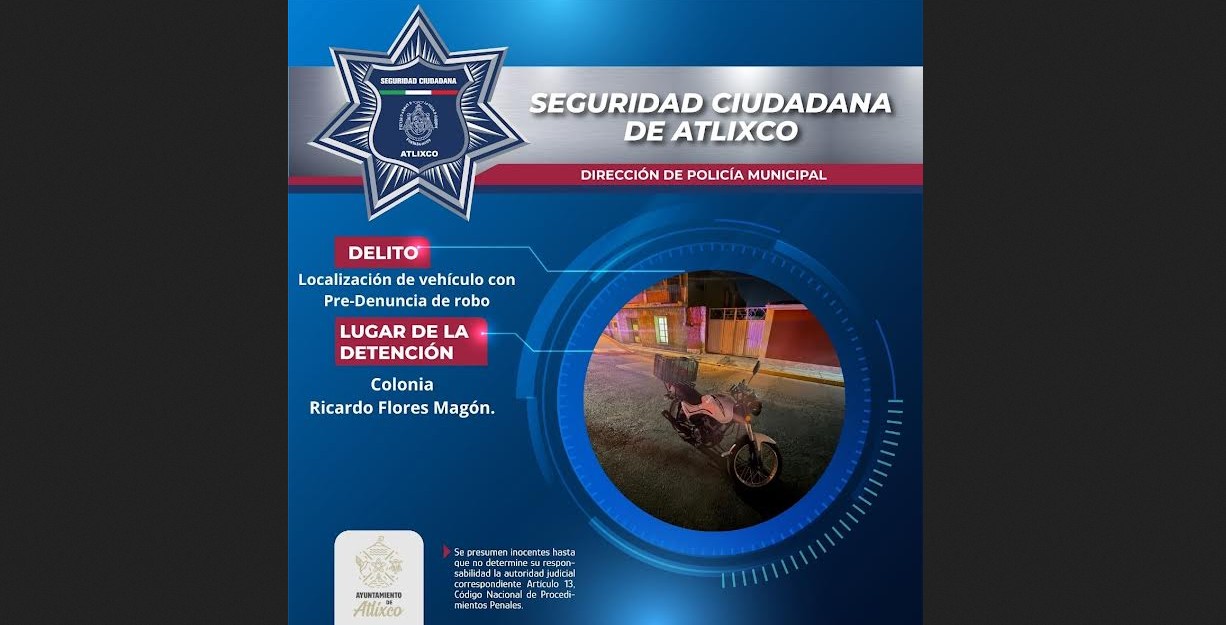 Operativo en Atlixco permite recuperar motocicleta con predenuncia