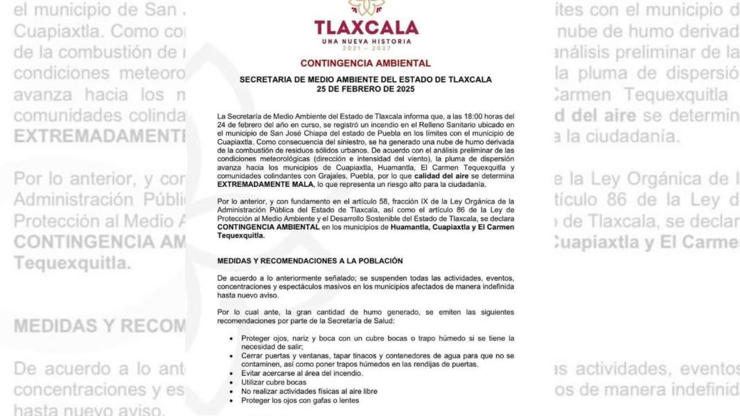 Contingencia ambiental en Tlaxcala: suspenden clases y eventos por humo tóxico