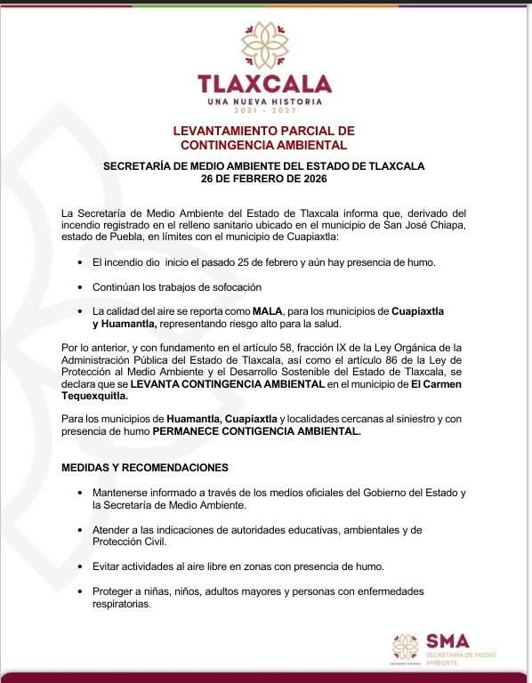 Sigue la alerta en Tlaxcala: humo mantiene contingencia en tres municipios