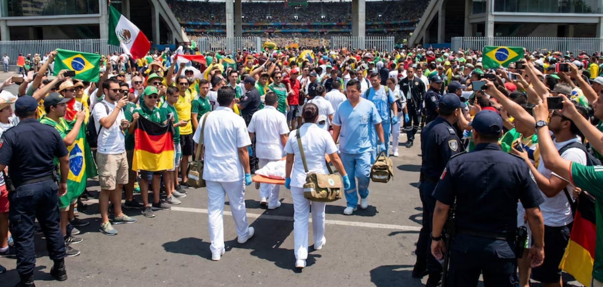 Equipos de emergencia atienden a una persona en el acceso al estadio