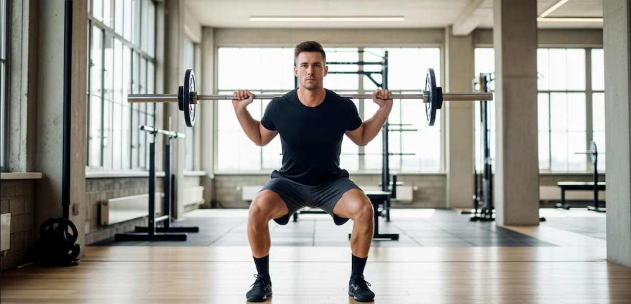 Persona entrenando fuerza en gimnasio con alimentos saludables al lado.