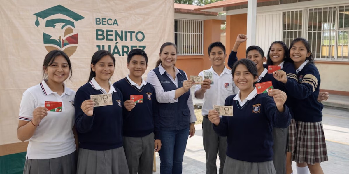 Estudiantes y padres consultando información sobre becas del gobierno en una computadora