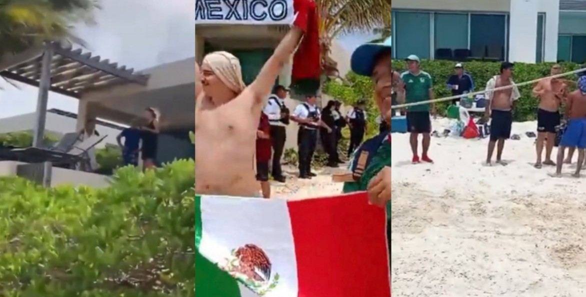 Personas reunidas en la playa durante una protesta en Playacar