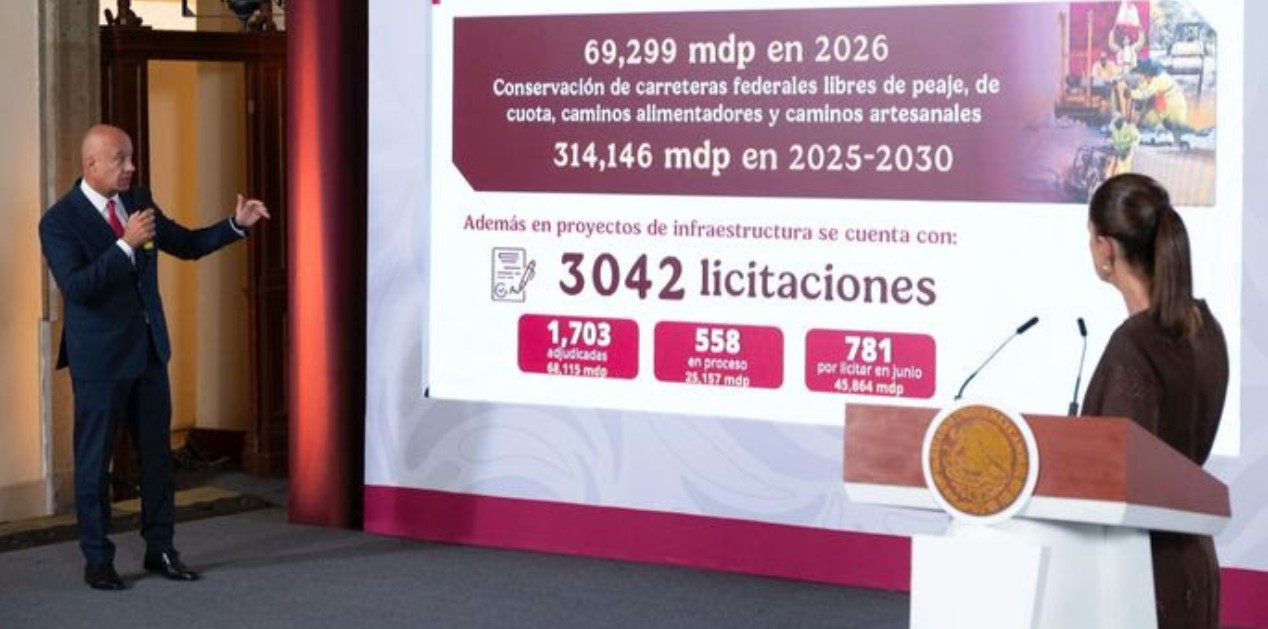Claudia Sheinbaum durante anuncio de obras carreteras.