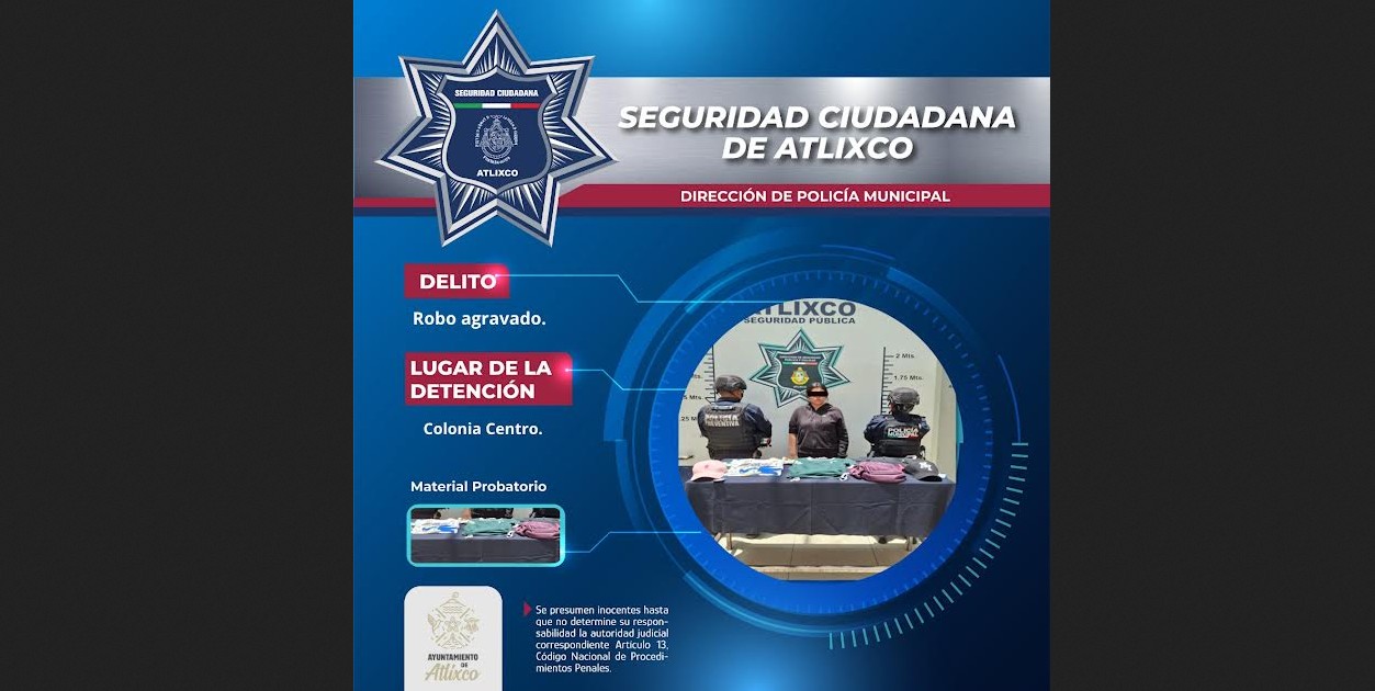 Policía de Atlixco en operativo tras reporte de robo.