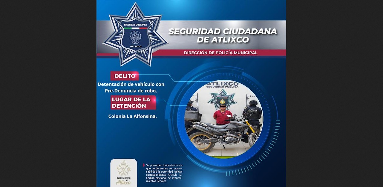Motocicleta recuperada por policías de Atlixco.