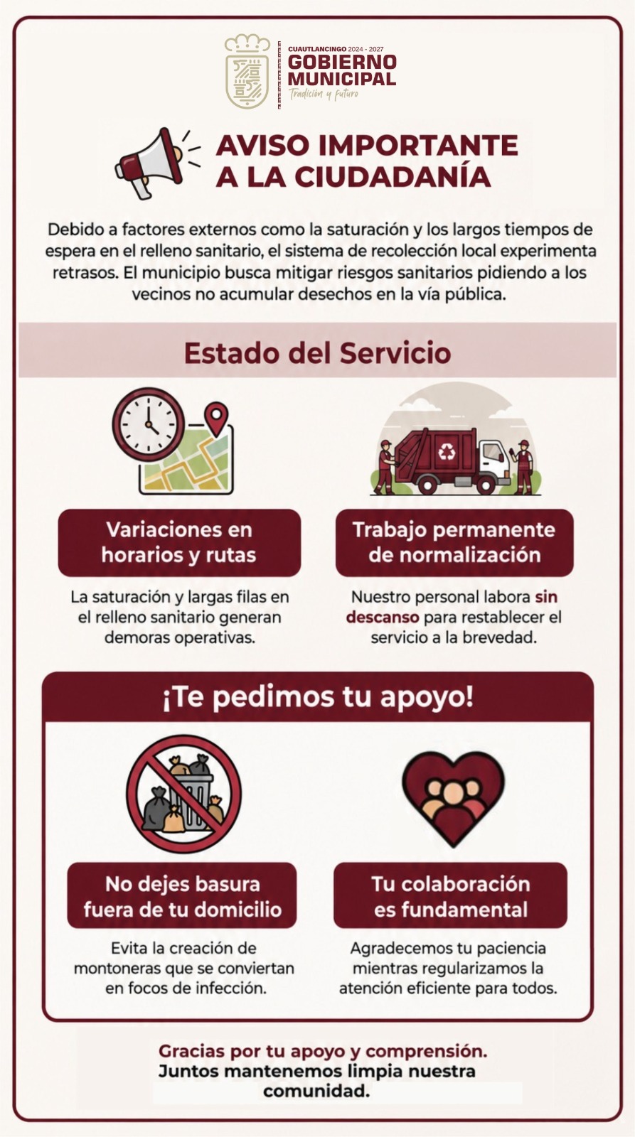 Gobierno Municipal de Cuautlancingo informa sobre el servicio de recolección de basura 